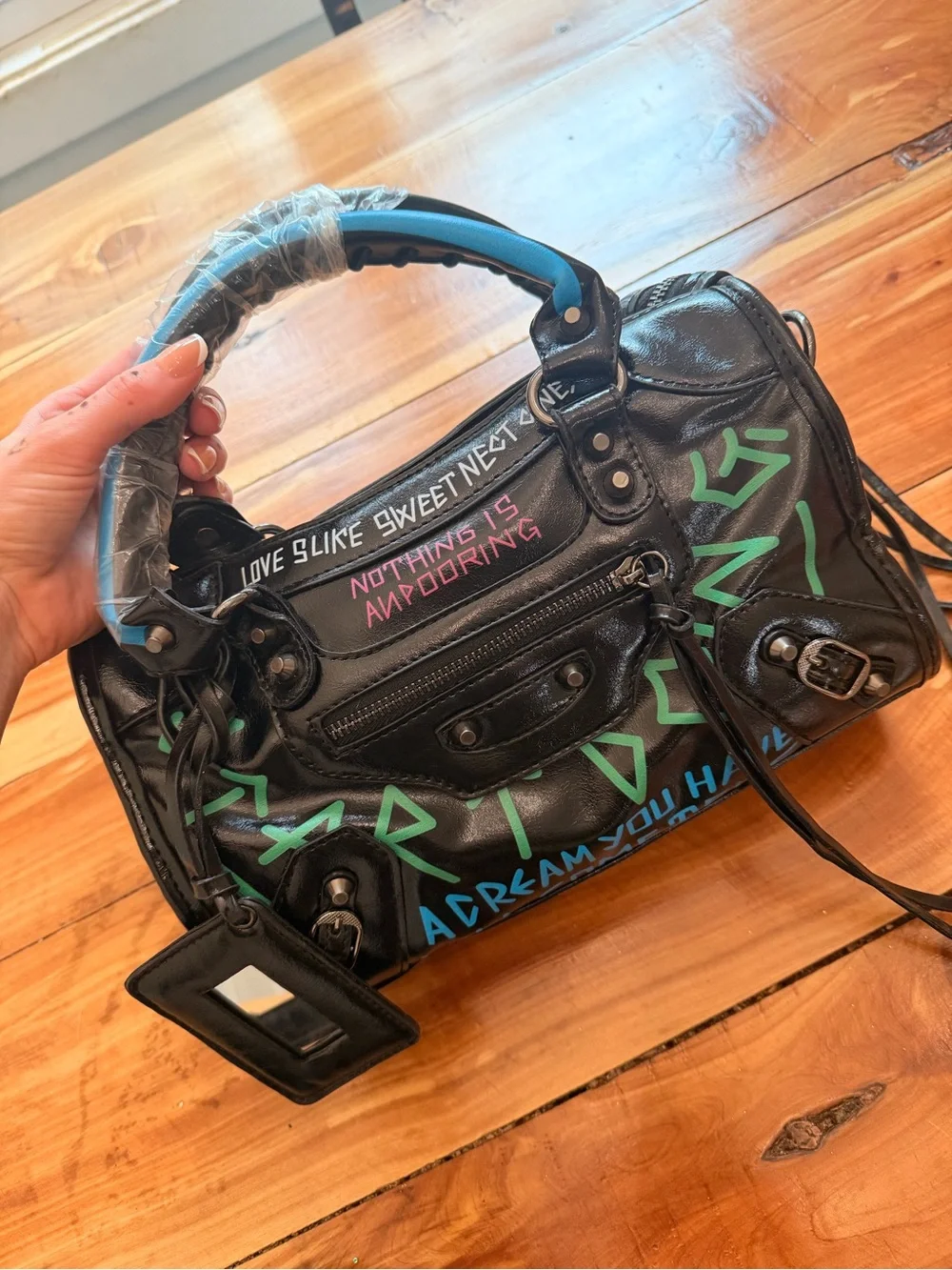 Black Graffiti-Print Women’s Satchel Handbag